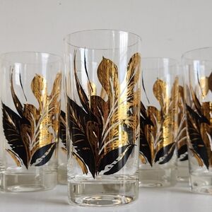 Vintage Gold & Black Leaf Highball Glasses - Set